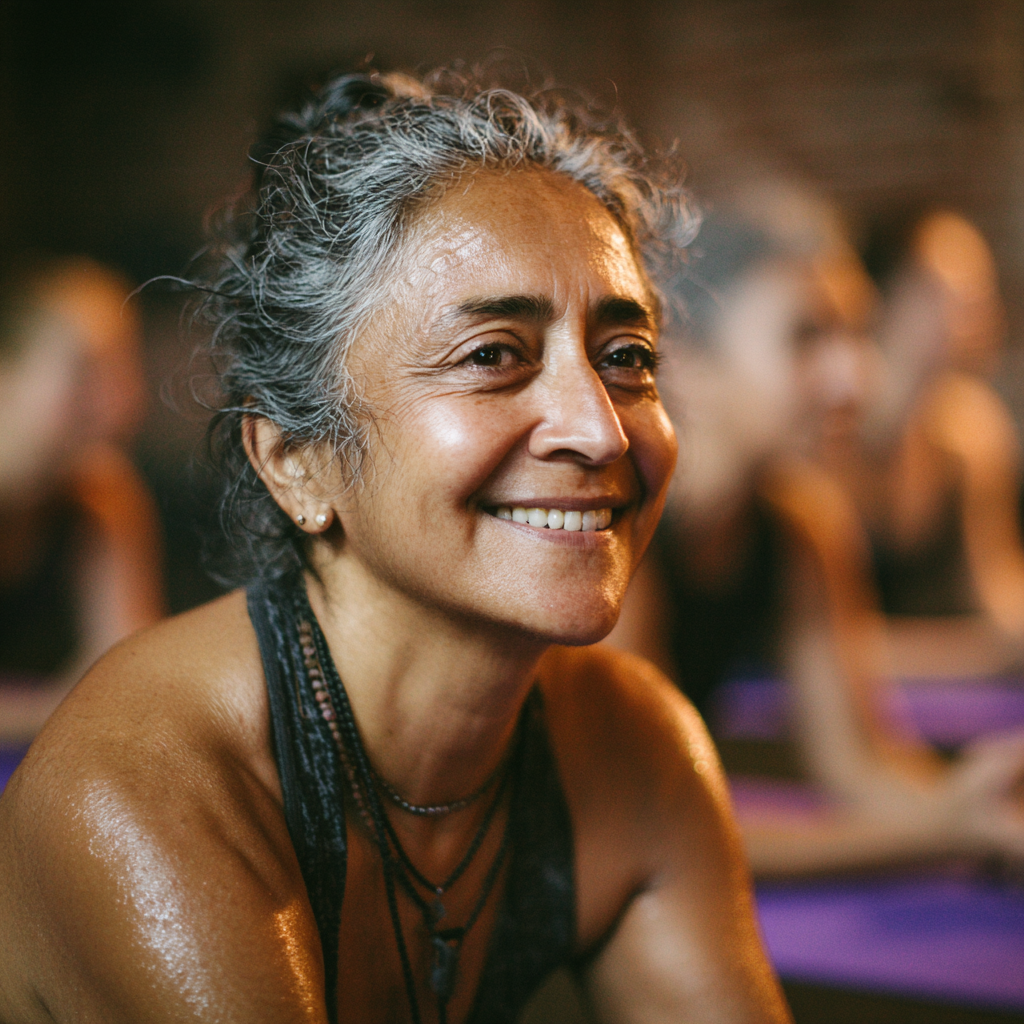 Femeie în vârstă de 52 de ani participând la prima sa lecție de yoga, cu un zâmbet pe față și poziția copilului pe o saltea mov